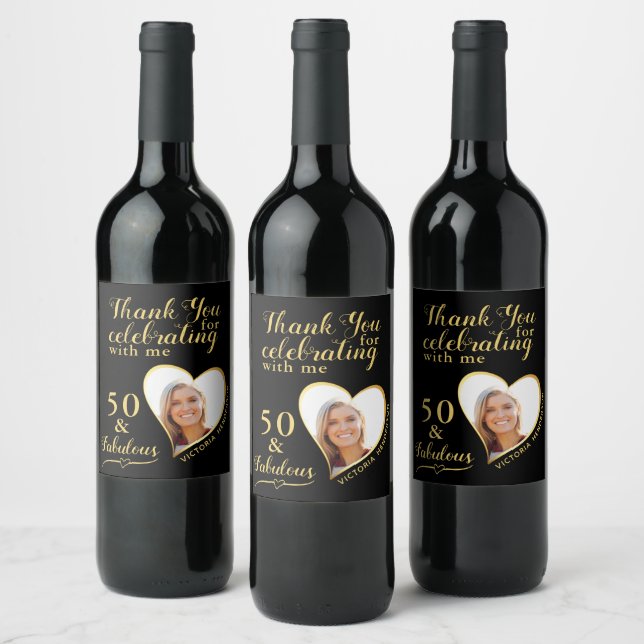 50 and Fabulous Photo Black and Gold Birthday Wine Label (Bottles)