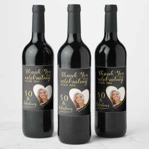 50 and Fabulous Photo Black and Gold Thank You Wine Label