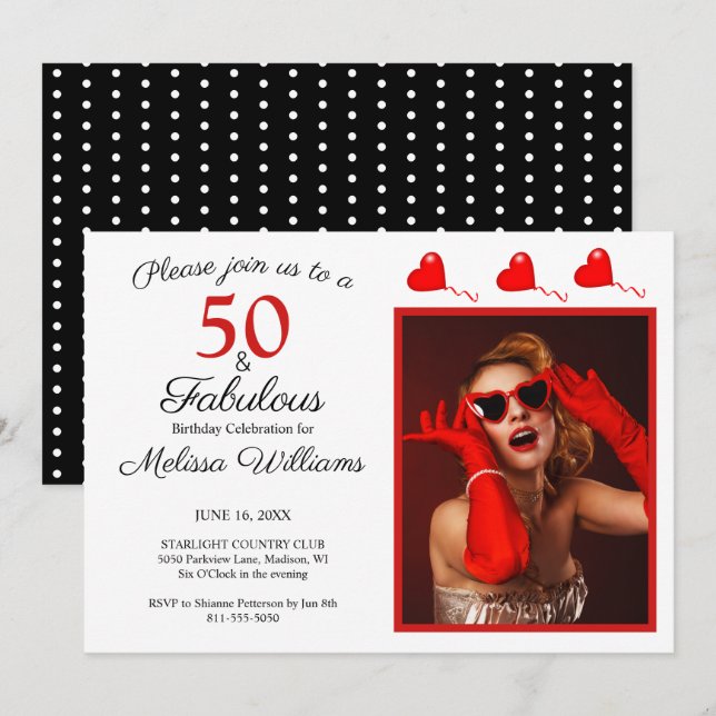 50 and Fabulous Photo Red 50th Birthday Black WH Invitation (Front/Back)