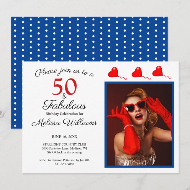 50 and Fabulous Photo Red 50th Birthday Blue White Invitation (Front/Back)