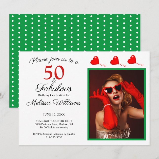 50 and Fabulous Photo Red 50th Birthday Green WH Invitation (Front/Back)