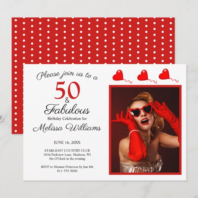 50 and Fabulous Photo Red 50th Birthday White Red Invitation (Front/Back)