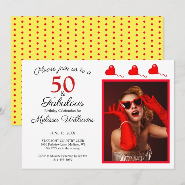 50 and Fabulous Photo Red 50th Birthday Yellow Red Invitation (Front/Back)