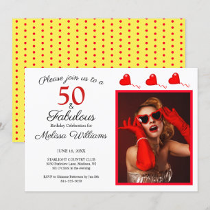 50 and Fabulous Photo Red 50th Birthday Yellow Red Invitation