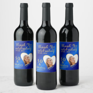50 and Fabulous Photo Royal Blue and Gold Birthday Wine Label