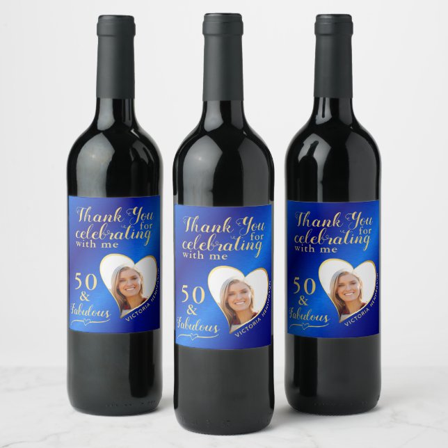 50 and Fabulous Photo Royal Blue and Gold Birthday Wine Label (Bottles)
