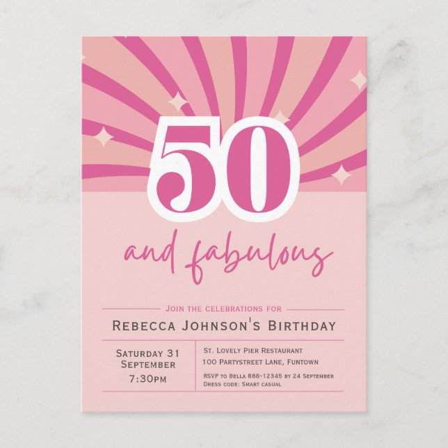 50 and fabulous Pink 50th Birthday Invitation Postcard (Front)