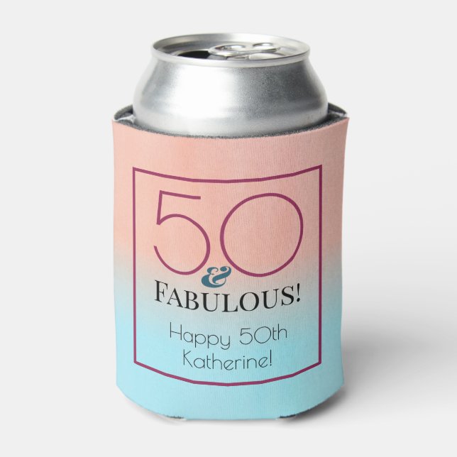 50 and Fabulous Pink and Blue Birthday Party Can Cooler (Can Front)