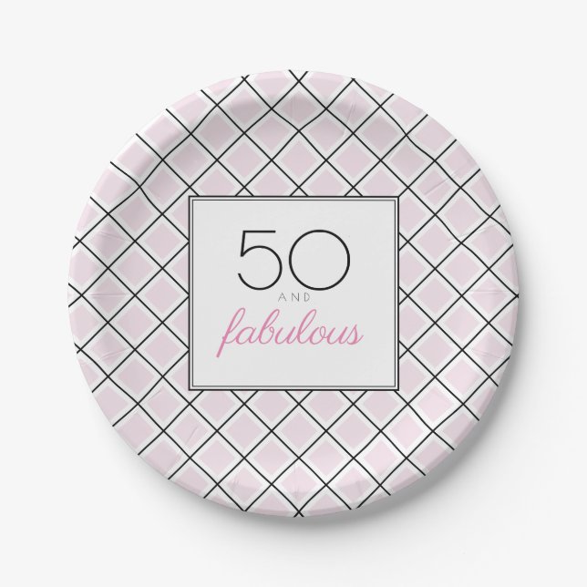50 and fabulous pink birthday party paper plate (Front)