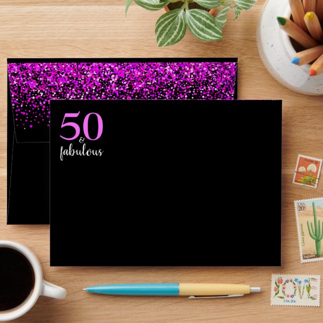 50 and fabulous pink black birthday return address envelope (Desk)