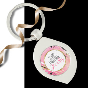 50 and Fabulous Pink Black Glamourous Modern Bold Key Ring