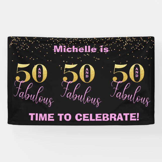 50 And Fabulous-Pink Black Gold Glitter Birthday Banner (Horizontal)