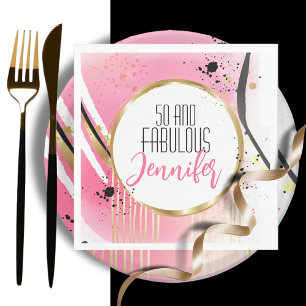 50 and Fabulous Pink Black Gold Modern Birthday Napkin
