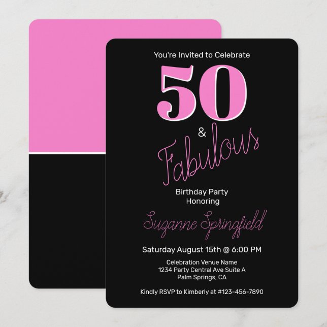 50 and Fabulous Pink Black Modern 50th Birthday Invitation (Front/Back)