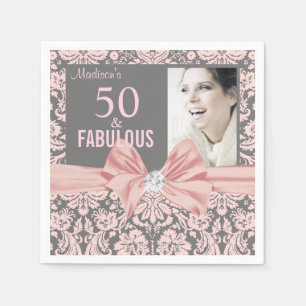 50 and Fabulous pink damask diamond bow birthday Napkin