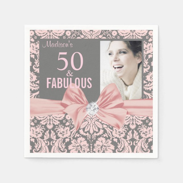 50 and Fabulous pink damask diamond bow birthday Napkin (Front)