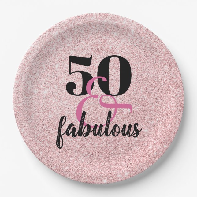 50 and Fabulous PInk Faux Glitter Birthday Party Paper Plate (Front)