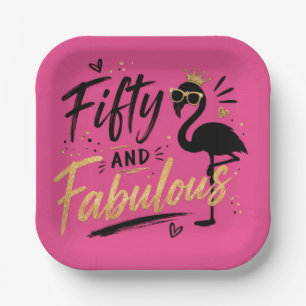 50 and fabulous pink flamingo 50th birthday paper plate