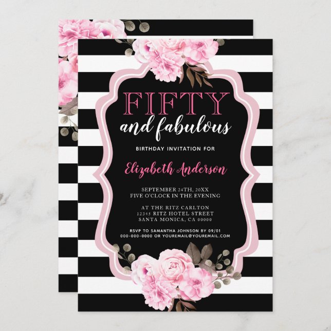 50 and Fabulous Pink Floral Black Stripe Invitation (Front/Back)