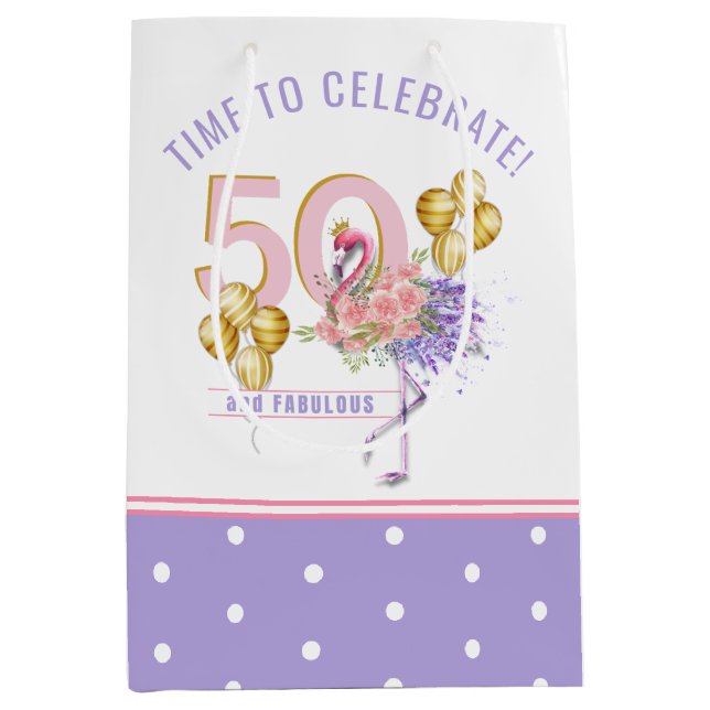 50 and Fabulous Pink Floral Flamingo Medium Gift Bag (Front)