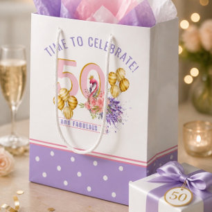 50 and Fabulous Pink Floral Flamingo Medium Gift Bag