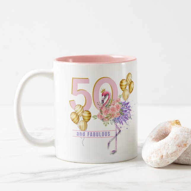 50 and Fabulous Pink Floral Flamingo Mug (With Donut)