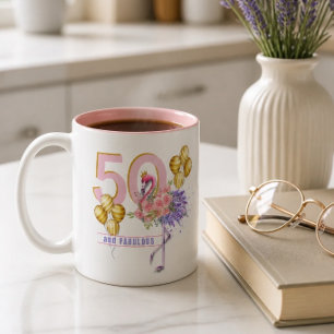 50 and Fabulous Pink Floral Flamingo Mug