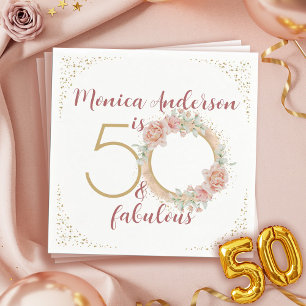  50 and Fabulous Pink Floral Gold Photo Birthday Napkin