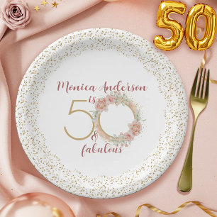 50 and Fabulous Pink Floral Gold Photo Birthday Paper Plate