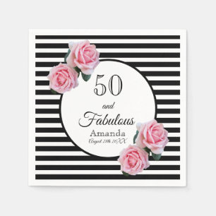 50 and fabulous pink florals black stripes name napkin