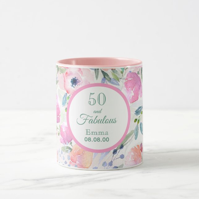 50 and fabulous pink florals name elegant mug (Center)