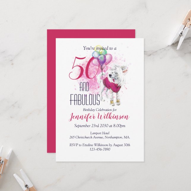 50 and Fabulous Pink Fluffy Dog  Invitation (Front/Back In Situ)