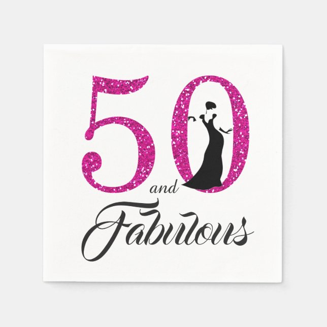 50 and Fabulous Pink Glitter 50th Birthday Party Napkin (Front)