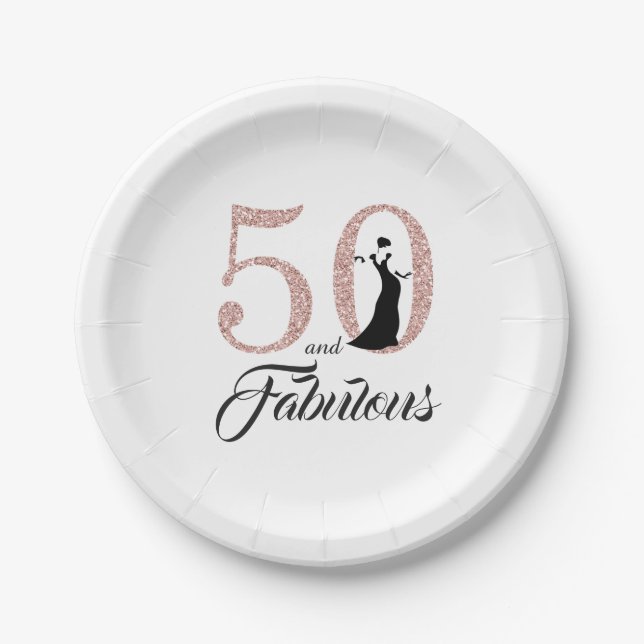 50 and Fabulous Pink Glitter Birthday Party Paper Plate (Front)