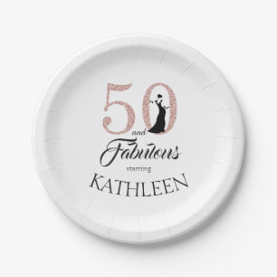 50 and Fabulous Pink Glitter Custom Name Paper Plate
