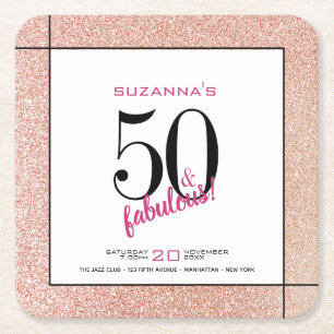 50 and Fabulous Pink Glitter Party Invitation Square Paper Coaster