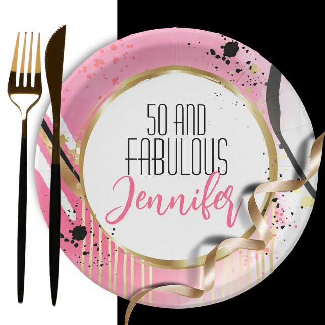 50 and Fabulous Pink Gold Black Modern Abstract Paper Plate (Creator Uploaded)