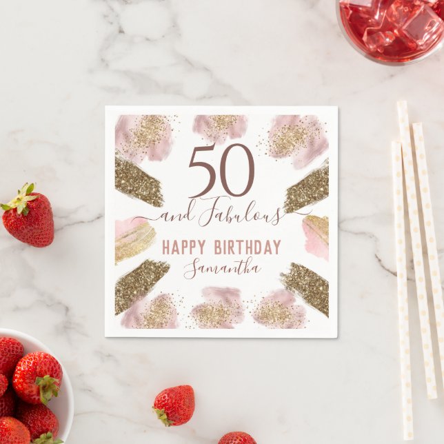 50 and Fabulous Pink Gold Glitter Birthday  Napkin (Insitu)