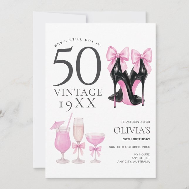 50 and Fabulous Pink Heels & Cocktails Invitation (Front)