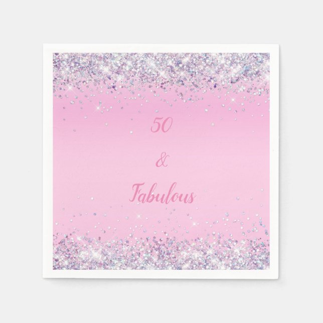 50 and Fabulous Pink Holographic Glitter Napkin (Front)