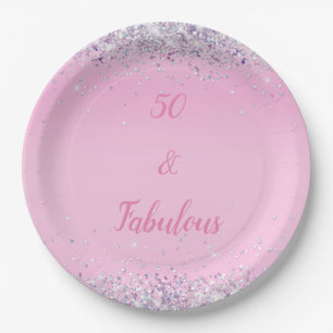 50 and Fabulous Pink Holographic Glitter Paper Plate