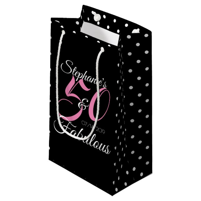 50 and Fabulous Pink Personalised Birthday Party Small Gift Bag (Front Angled)