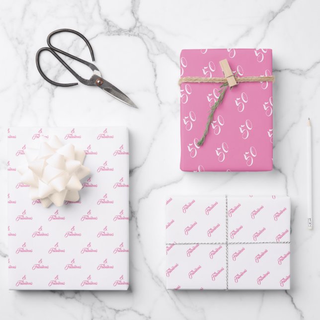 50 and Fabulous Pink Personalised Birthday Party W Wrapping Paper Sheet (Front)