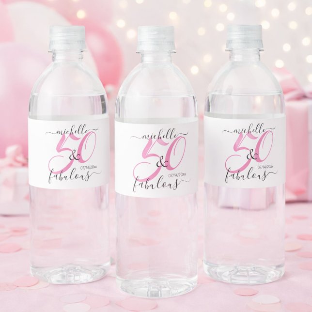 50 and Fabulous Pink Personalised Birthday Party Water Bottle Label (Creator Uploaded)