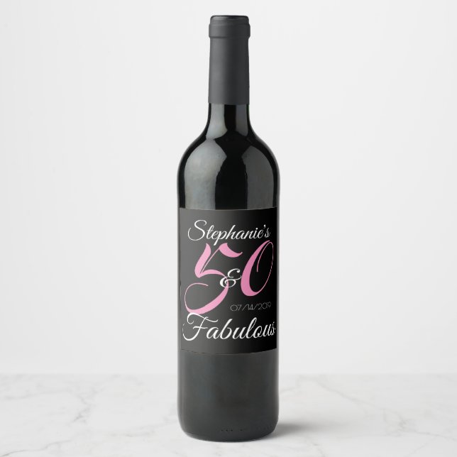 50 and Fabulous Pink Personalised Birthday Party Wine Label (Front)