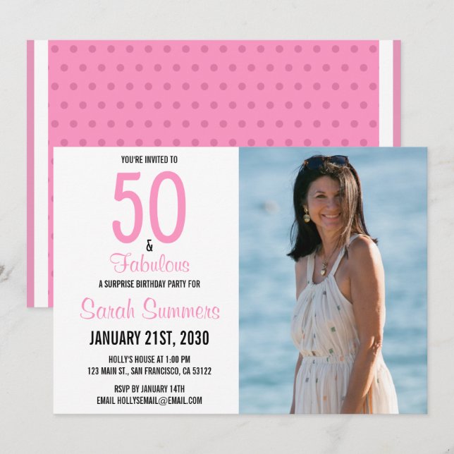 50 and Fabulous Pink Photo 50th Birthday Invitation (Front/Back)