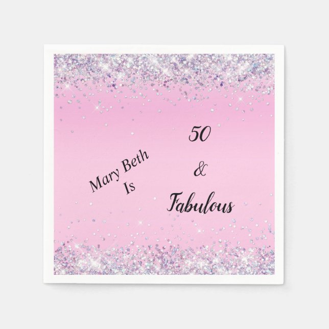 50 and Fabulous Pink Silver Glitter Napkin (Front)