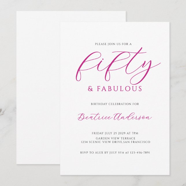 50 and Fabulous Pink White Birthday Party Invitation (Front/Back)