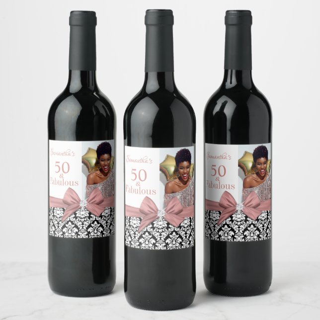 50 and Fabulous Pink White Birthday Party Wine Label (Bottles)