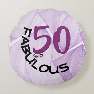 50 and Fabulous Purple Birthday Typography Round Cushion